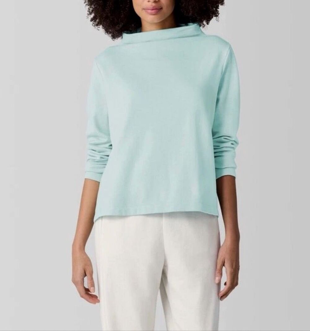 Eileen Fisher $148 Garment Dyed Organic Cotton Terry Funnel Neck Top aqua S NWOT